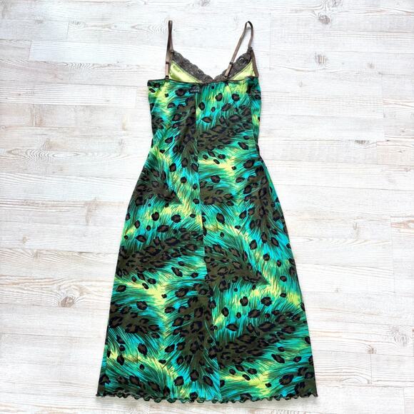 Vintage 90's Y2K Guess Mesh Lace Trim Slip Dress |‎ Leopard Green/Blue Smal - Picture 4 of 9